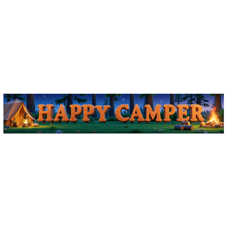 Forest Design Happy Camper Tent Banner Campfire Nature Scene for Outdoor Adventure Camping Event