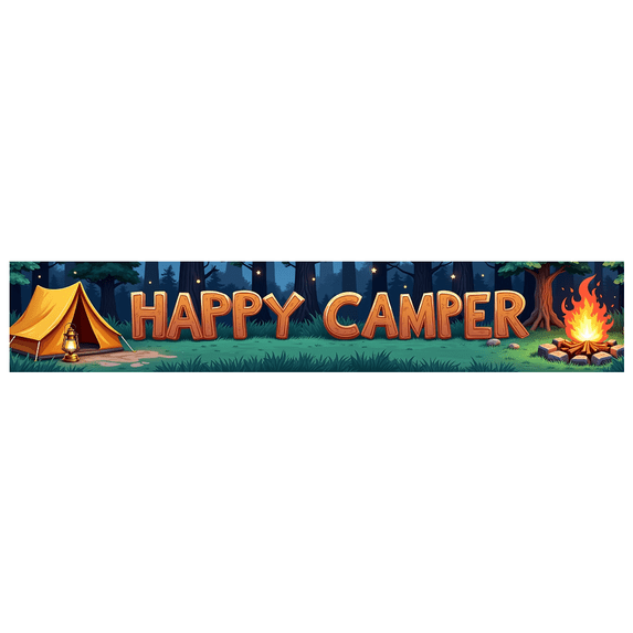 Forest Design Happy Camper Tent Banner Campfire Nature Scene for Outdoor Adventure Camping Event