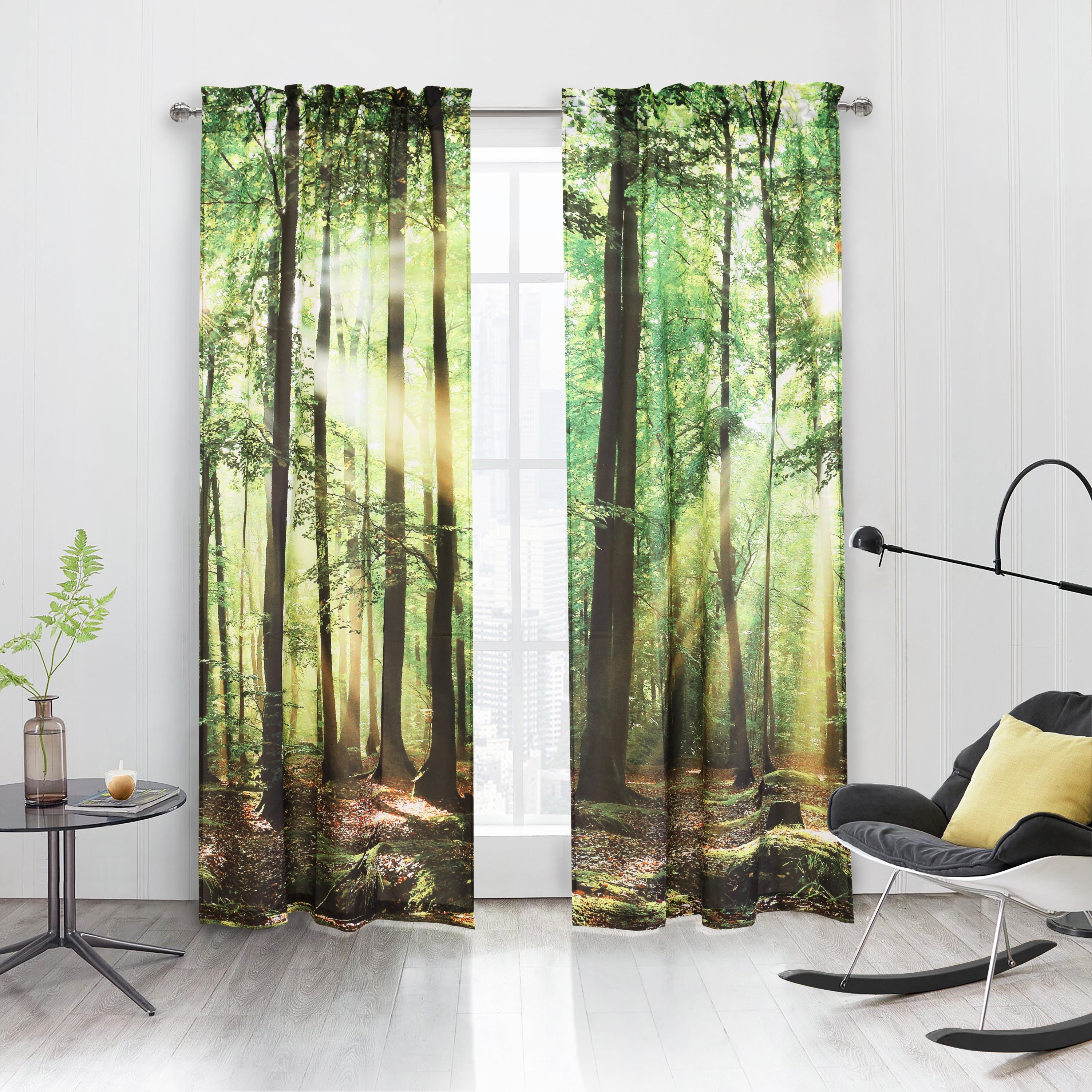 Forest Panoramic Print Light-Filtering Polyester Curtain Pair 76" x 84"