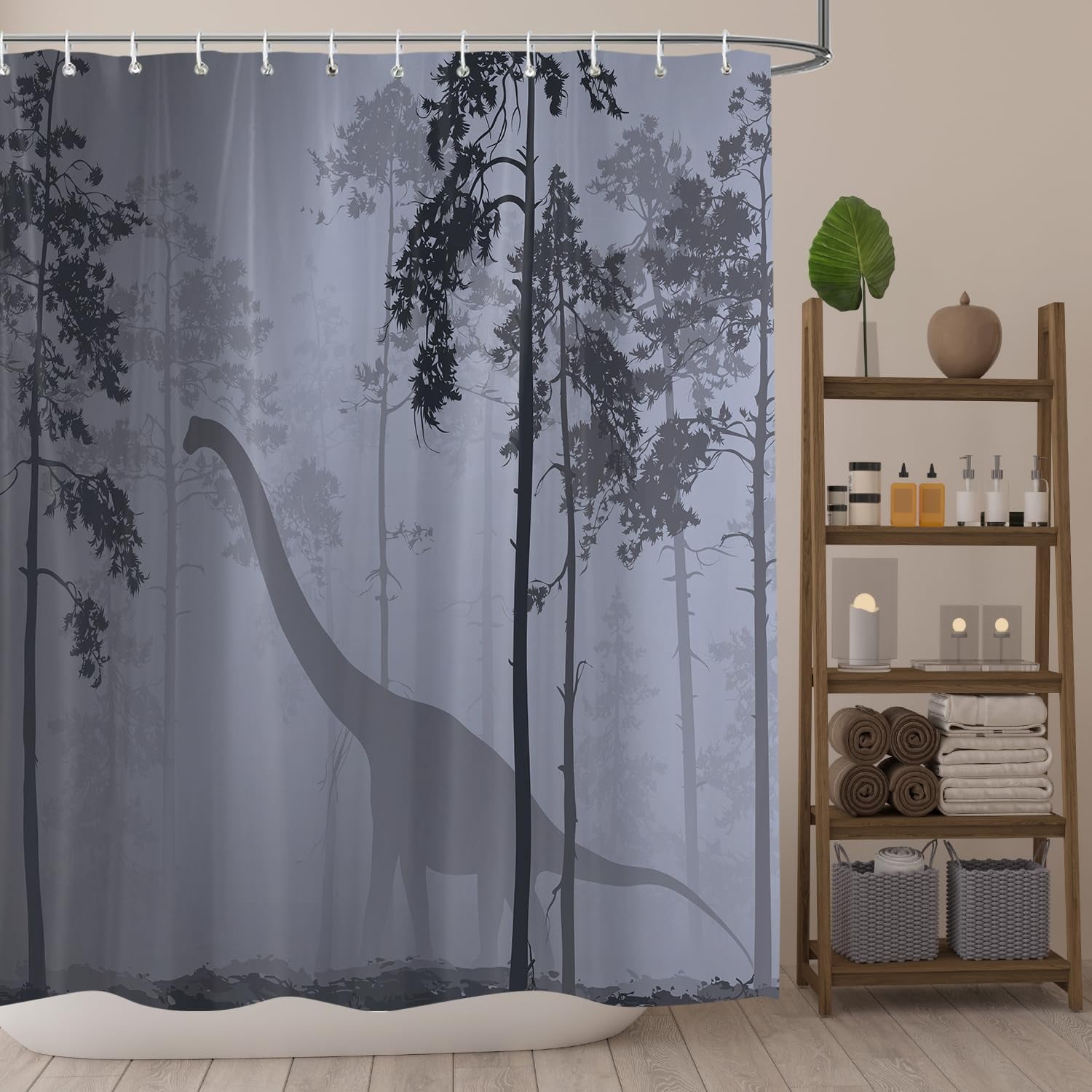 Forest Dinosaur Shower Curtain, Jungle Wild Jurassic Raptor Dino Animal ...