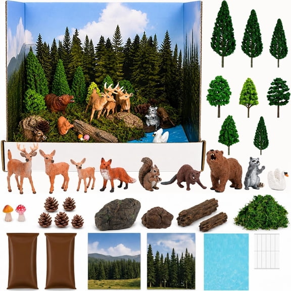 Forest Diorama Kit for School Projects, Woodland  Habitat Craft Set with  Display Box, 9 Figurines, 8 Trees, Moss, Clay, Rocks & Water Sheet for Classroom Display