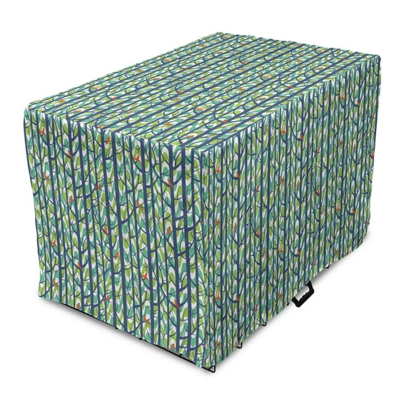 Forest Dog Crate Cover, Trees Woods and Birds Sitting on Branches Foliage Summer Forest Design, Easy to Use Pet Kennel Cover Small Dogs Puppies Kittens, 7 Sizes, Sea Green and Slate Blue, by Ambesonne