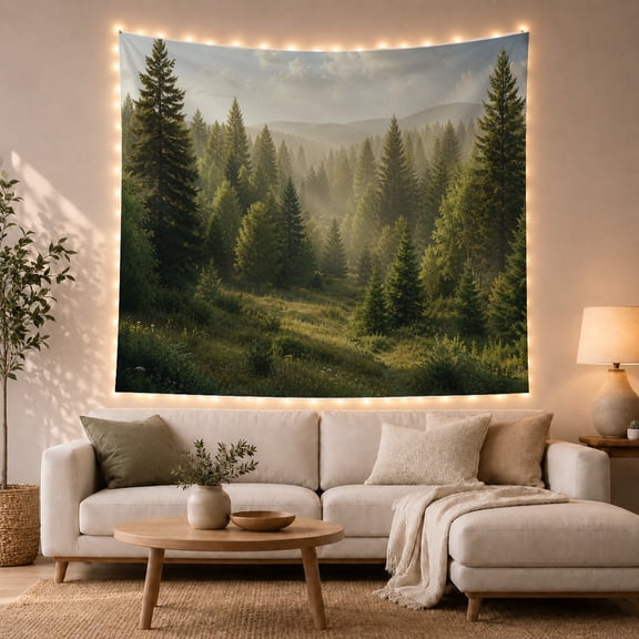 Forest Dominant Elements with Tall Evergreen Trees Needle, Mystical Fantasy for Space Lovers, Galaxy Room Decor, Housewarming Gift, Tapestry Wall Hanging for Bedroom and Dorm