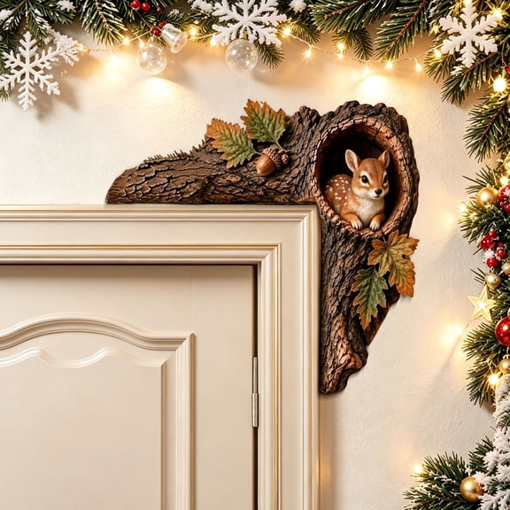 Forest Door Frame Sign, 25 x 25 cm Faux Tree Bark Corner With Acorn And Oak Leaves, Front Door Entryway Porch Decor - Chipmunk