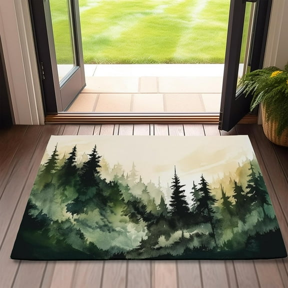 Forest Door Mats Outdoor Entrance,Watercolor Mountain Tree Doormat 17 X 30 Inch Waterproof All-Season Low-Profile Front Mat for Indoor Floor Home Entryway