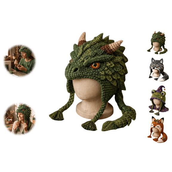 Forest Dragon Hood Hat DIY Crochet Kit Series,All-in-One Crochet Kit for Beginners with 5 Animal Styles,Complete Set with Yarn Hooks and Instructions,Handmade Craft Gift for Adults