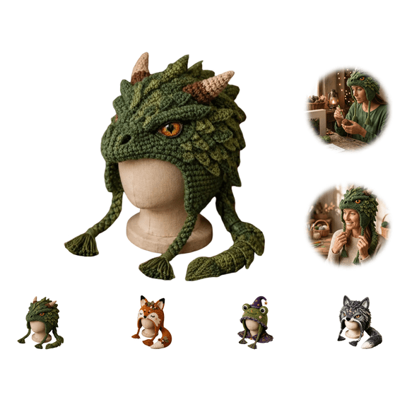 Forest Dragon Hood Hat DIY Crochet Kit Series, Animal Hood Hat DIY Crochet Kit for Beginners, Complete Great Experience, Tutorial Guide, Yarn & Hook, Gift for Adults