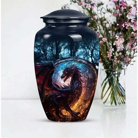 Forest Dragon Urn, Memorial Urn for Human Ashes, Artistic and Decorative Urn, Personalized Funeral Urn, Large 10" and Small 3" Tribute Urn