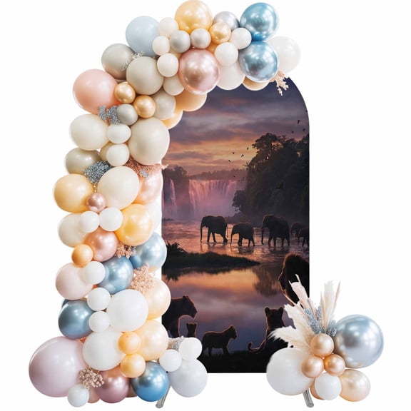 Forest Dusk Silhouette Arch Backdrop Cover 4 FT Mysterious Waterfall Lions Elephants Birds Stretchy Elastic Arch Stand Covers Spandex Arched Background Birthday Wedding Party Decoration (No Stand)