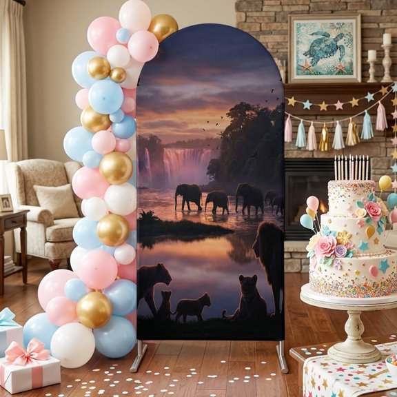Forest Dusk Silhouette Arch Backdrop Covers 4 FT, Mysterious Waterfall Lions Elephants Birds Stretchy Fitted Arched Stand Covers Party Arch Stand Cover Photo Booth for Wedding Birthday Decor