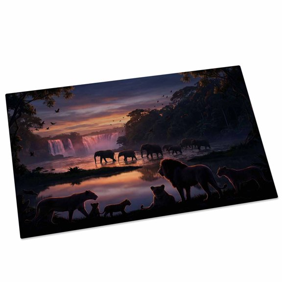 Forest Dusk Silhouette Door Mat 16x24 Inch Mysterious Waterfall Lions Elephants Birds Entryway Rug with Non-Slip Rubber, Front Door Mat Indoor Floor Mats for Living Room Bathroom Bedroom Home Office
