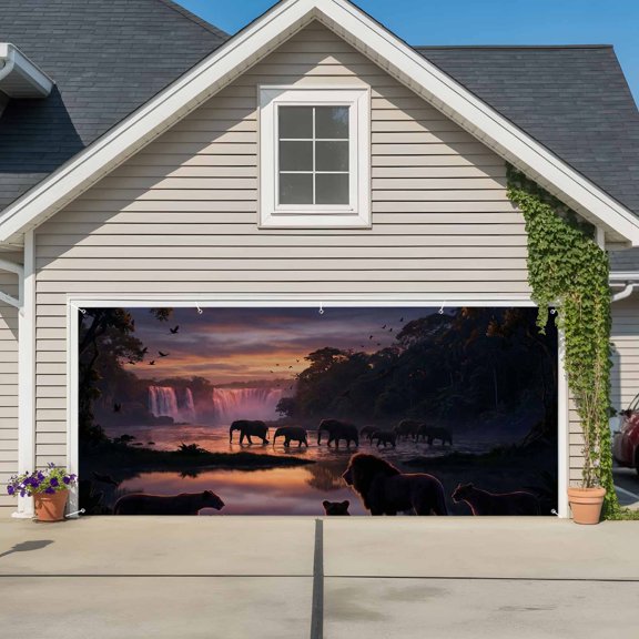 Forest Dusk Silhouette Garage Door Banner Covers, Mysterious Waterfall Lions Elephants Birds Large Hanging Indoor/Outdoor Backdrop Background for Christmas Winter Party Decor, 6.9x8ft