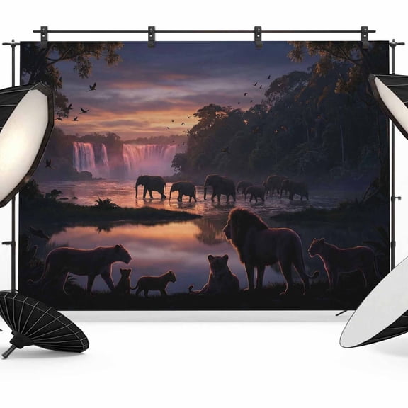 Forest Dusk Silhouette Photography Backdrop 10x8FT, Mysterious Waterfall Lions Elephants Birds Photo Backdrops, Background for Photography Studio Photo Studio Background, Back Drop for Photoshoot