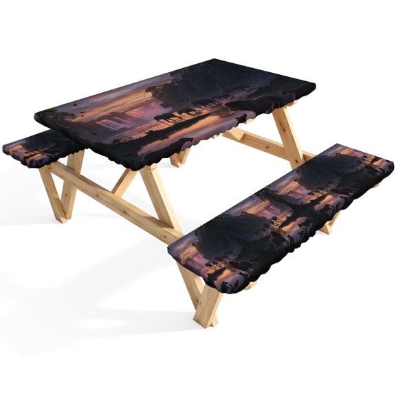Forest Dusk Silhouette Picnic Table Cover with Bench Covers Mysterious Waterfall Lions Elephants Birds Waterproof Fitted Picnic Tablecloth 3 Pieces Set Table Cloth for Outdoor Camping Garden BBQ