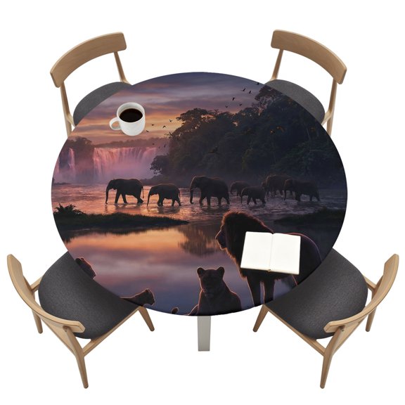 Forest Dusk Silhouette Round Fitted Table Cover Mysterious Waterfall Lions Elephants Birds Waterproof Table Cloth with Elastic Edge Wipeable Tablecloth for Picnic Camping Party Fits 55"-60" Tables