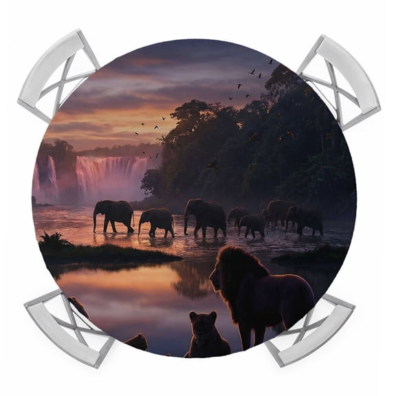 Forest Dusk Silhouette Round Table Cover, Mysterious Waterfall Lions Elephants Birds Waterproof Fitted Tablecloths for 45"-54" Tables, Washable Picnic Table Cover for Camping Dining Indoor Outdoor