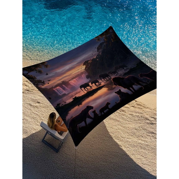 Forest Dusk Silhouette Sun Shade Sail 6.5' x 10', Mysterious Waterfall Lions Elephants Birds Rectangle Outdoor Sunshade Canopy, Waterproof UV Block Patio Covers for Garden Yard Beach
