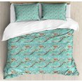 thumbnail image 1 of Forest Duvet Cover Set, Animal Bird Sika Deer Japanese Style Pattern Sakura Blossoms Garden Art, Decorative 3 Piece Bedding Set with 2 Pillow Shams, Calking Size, Seafoam and Umber, by Ambesonne, 1 of 3