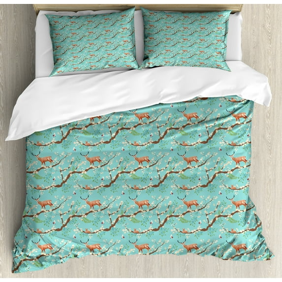 Forest Duvet Cover Set, Animal Bird Sika Deer Japanese Style Pattern Sakura Blossoms Garden Art, Decorative 3 Piece Bedding Set with 2 Pillow Shams, Calking Size, Seafoam and Umber, by Ambesonne