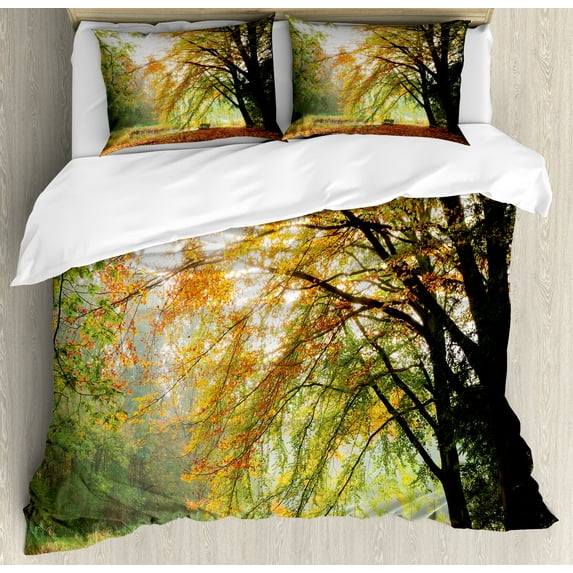 Forest Duvet Cover Set, Autumn View in a Forest with Faded Color Leaves European Northern Dutch Fall Image, Decorative 3 Piece Bedding Set with 2 Pillow Shams, Queen Size, Orange Green, by Ambesonne