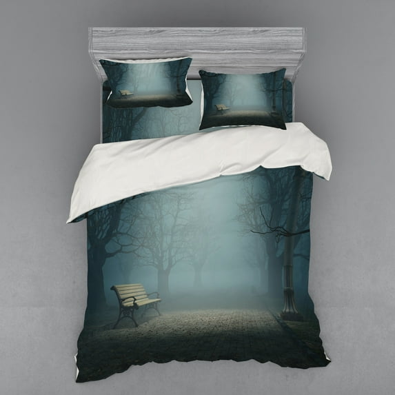 Forest Duvet Cover Set, Bench in the Park on Dark Mysterious Night Scary Forest Horror Theme Habitat Design, Bedding Set with Shams and Fitted Sheet, 3 Sizes, by Ambesonne