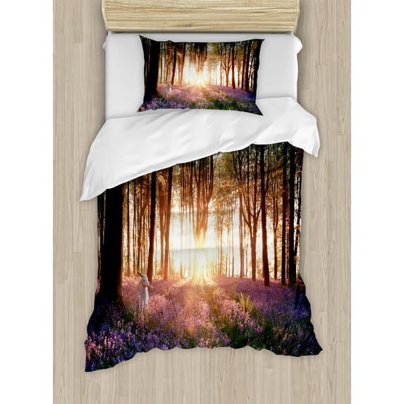 Forest Duvet Cover Set, Bluebell Woods Sunrise with White Rabbit Sunny Spring Day in Woodland, Decorative 2 Piece Bedding Set with 1 Pillow Shams, Twin Size, Purple Green, by Ambesonne