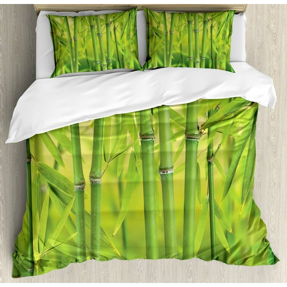 Forest Duvet Cover Set, Close up Scene of Nature in Tropical Rain Forest Wildlife Concept Photo Print, Decorative 3 Piece Bedding Set with 2 Pillow Shams, Calking Size, Apple Green, by Ambesonne