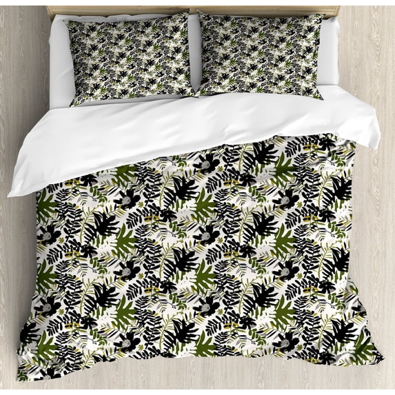 Forest Duvet Cover Set, Exotic Fern and Palm Leaves and Flowers in Tropical Rainforest Tones, Decorative 3 Piece Bedding Set with 2 Pillow Shams, King Size, Charcoal Grey Army Green, by Ambesonne