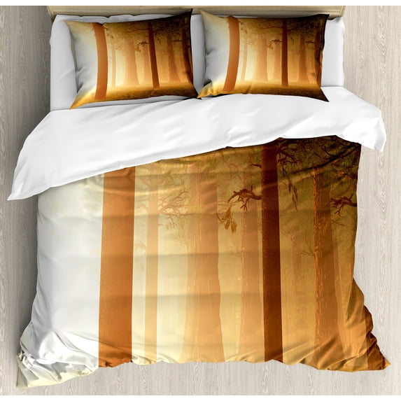 Forest Duvet Cover Set, Foggy Mist Jungle with Sun Beams and Rays Woodland Nature Design, Decorative 3 Piece Bedding Set with 2 Pillow Shams, Calking Size, Tan, by Ambesonne