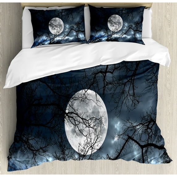 Forest Duvet Cover Set, Full Moon at Night in Forest Winter Time Dramatic Days Lunar Photo Composition, Decorative 3 Piece Bedding Set with 2 Pillow Shams, Calking Size, Black and Blue, by Ambesonne