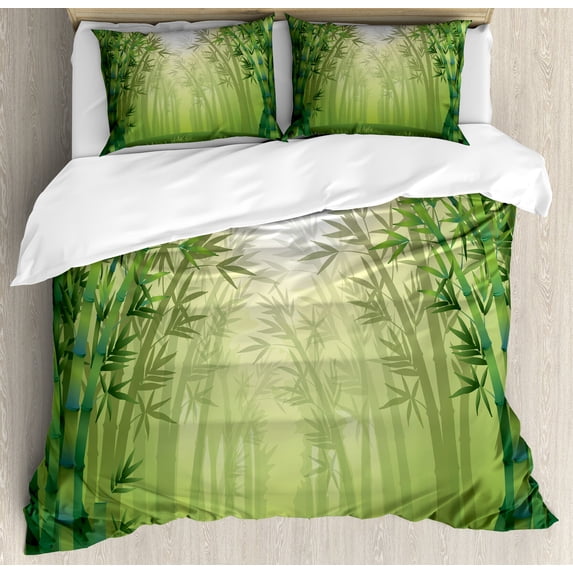 Forest Duvet Cover Set, Image of Exotic Trees in Rain Forest Far Eastern Wildlife Tropical Nature Inspired, Decorative 3 Piece Bedding Set with 2 Pillow Shams, King Size, Green, by Ambesonne