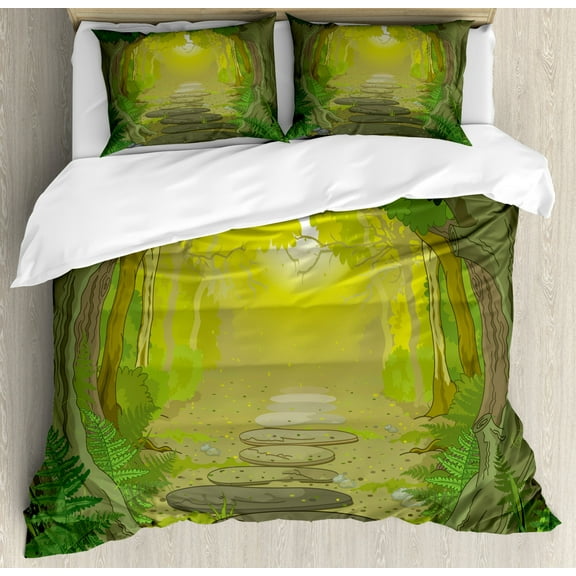 Forest Duvet Cover Set King Size, Magical Pathway with Trees and Ferns Fantastic Ancient Fairytale, Decorative 3 Piece Bedding Set with 2 Pillow Shams, Sage Yellow Fern Green, by Ambesonne