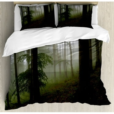Forest Duvet Cover Set King Size, Mysterious Woods with Fog Wilderness Rural Untouched Vegetation Transylvania, Decorative 3 Piece Bedding Set with 2 Pillow Shams, White Green Brown, by Ambesonne