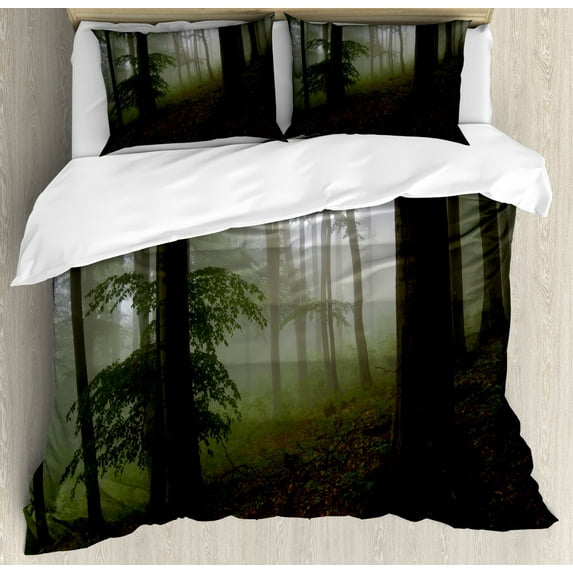 Forest Duvet Cover Set King Size, Mysterious Woods with Fog Wilderness Rural Untouched Vegetation Transylvania, Decorative 3 Piece Bedding Set with 2 Pillow Shams, White Green Brown, by Ambesonne