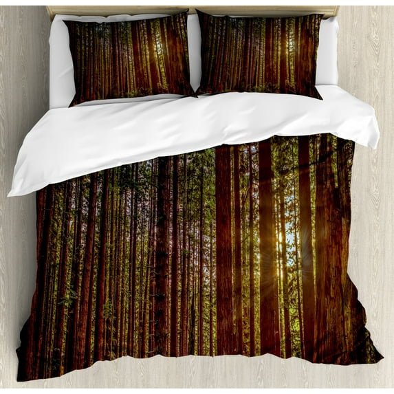 Forest Duvet Cover Set King Size, Redwood Forest in California USA Nature Outdoors Landscape Woods Park, Decorative 3 Piece Bedding Set with 2 Pillow Shams, Redwood Green Yellow, by Ambesonne