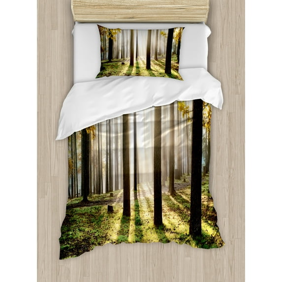 Forest Duvet Cover Set, Landscape Sunrise in the Forest Leaves in Seasonal Woodland Scenery Photo, Decorative 2 Piece Bedding Set with 1 Pillow Shams, Twin Size, Yellow Green Brown, by Ambesonne