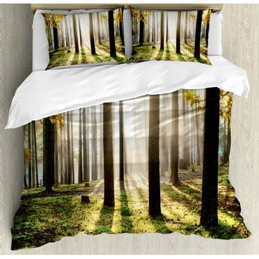 Forest Duvet Cover Set, Landscape Sunrise in the Forest Leaves in Seasonal Woodland Scenery Photo, Decorative 3 Piece Bedding Set with 2 Pillow Shams, Calking Size, Yellow Green Brown, by Ambesonne