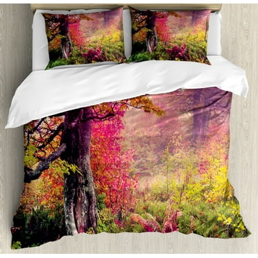 Forest Duvet Cover Set, Majestic Landscape Autumn Trees in Woodland Natural Garden in Ukraine, Decorative 3 Piece Bedding Set with 2 Pillow Shams, Calking Size, Red Green Brown, by Ambesonne