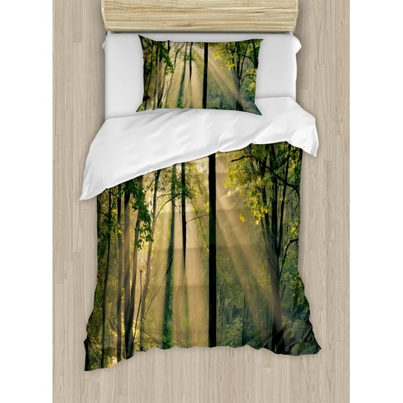 Forest Duvet Cover Set, Morning Sunrays Through Trees Summertime Countryside Scenic View, Decorative 2 Piece Bedding Set with 1 Pillow Shams, Twin Size, Green Beige Black, by Ambesonne