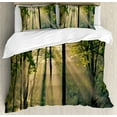 thumbnail image 1 of Forest Duvet Cover Set, Morning Sunrays Through Trees Summertime Countryside Scenic View, Decorative 3 Piece Bedding Set with 2 Pillow Shams, Queen Size, Green Beige Black, by Ambesonne, 1 of 3