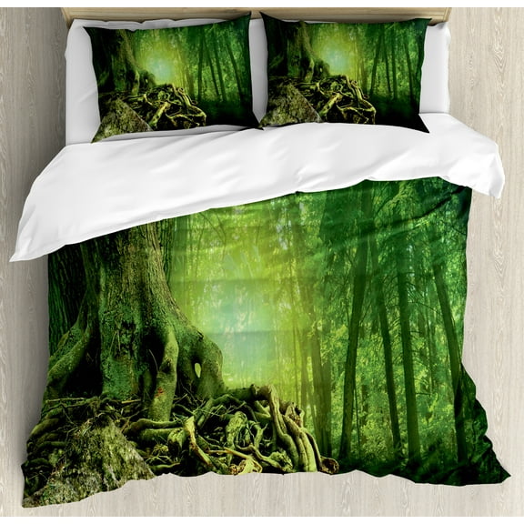 Forest Duvet Cover Set, Mysterious Woods Landscape Old Trees, Decorative 3 Piece Bedding Set with 2 Pillow Shams, Calking Size, Lime Green Forest Green, by Ambesonne