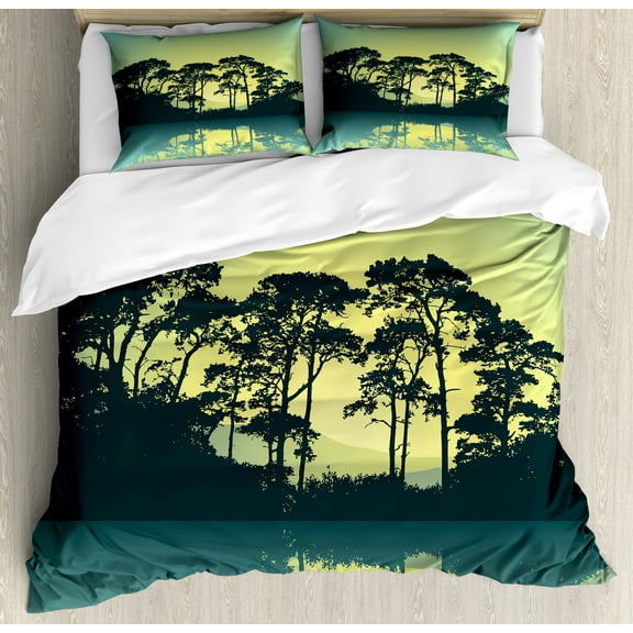 Forest Duvet Cover Set, Mystic Forest with Trees Abstract Mountain View and Lake River Nature Print, Decorative 3 Piece Bedding Set with 2 Pillow Shams, King Size, Blue and Green, by Ambesonne