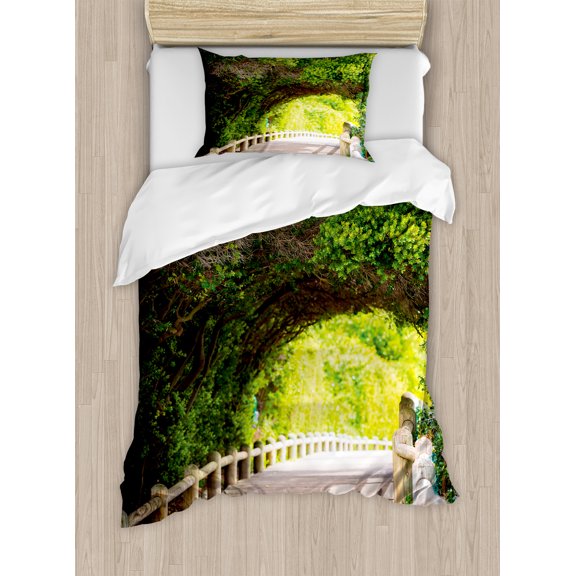 Forest Duvet Cover Set, Nature Boardwalk Through Green Archway Bridge Foliage Trees Sunny Summer Day, Decorative 2 Piece Bedding Set with 1 Pillow Shams, Twin Size, Beige Green Brown, by Ambesonne