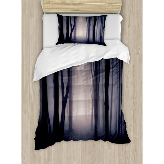 Forest Duvet Cover Set, Path in Dark Deep Woodland Fog Halloween Creepy Twisted Branches Picture, Decorative 2 Piece Bedding Set with 1 Pillow Shams, Twin Size, Dark Grey Purple, by Ambesonne