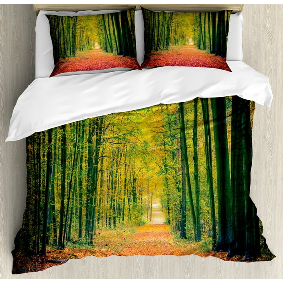 Forest Duvet Cover Set, Pathway in Autumn Dramatic Road to Infinity Toned Warm Fall Colors Rural Scenery Print, Decorative 3 Piece Bedding Set with 2 Pillow Shams, Queen Size, Green, by Ambesonne