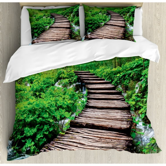 Forest Duvet Cover Set, Pathway in Pond over the Lake Natural Organic Life Rainforest's into the Wild Photo, Decorative 3 Piece Bedding Set with 2 Pillow Shams, Calking Size, Brown Green, by Ambesonne