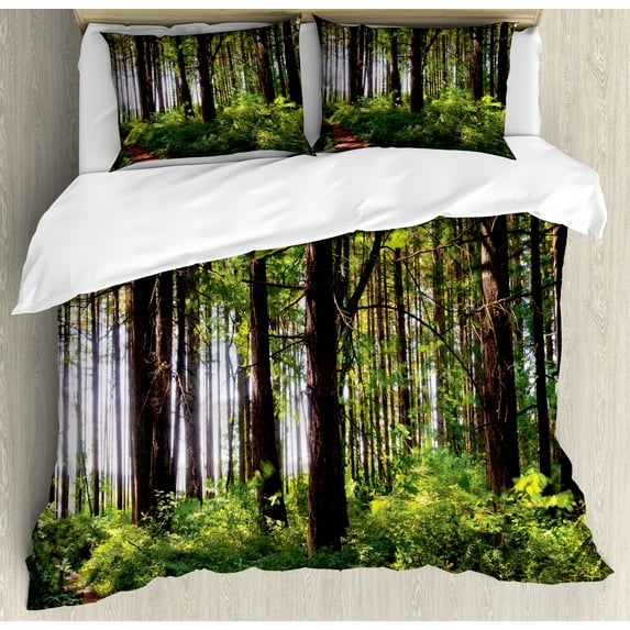 Forest Duvet Cover Set, Pathway in a Shady Forest of Bushes and Thick Trunks Grass Unique Wild Life Scenery, Decorative 3 Piece Bedding Set with 2 Pillow Shams, King Size, Green Brown, by Ambesonne