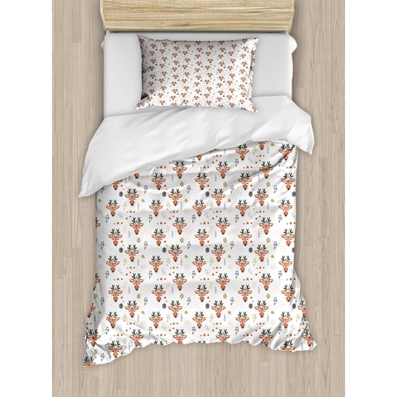 Forest Duvet Cover Set, Pattern of Deer Face Floral Head Blossoming Leaves Merry Christmas, Decorative 2 Piece Bedding Set with 1 Pillow Shams, Twin Size, Rust Rose and Dark Blue Grey, by Ambesonne