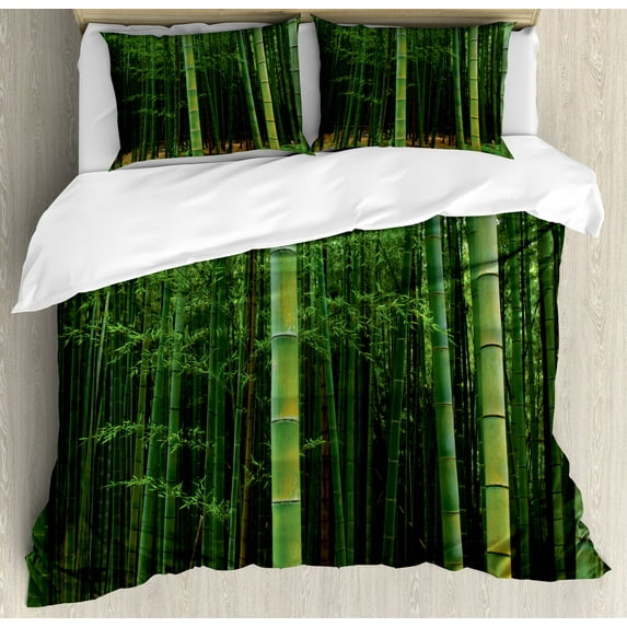 Forest Duvet Cover Set, Picture of a Forest Exotic Jungle Vision with Tall Tropical Trees Art Print, Decorative 3 Piece Bedding Set with 2 Pillow Shams, Queen Size, Fern Green, by Ambesonne