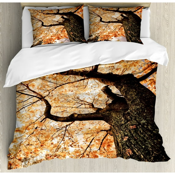 Forest Duvet Cover Set Queen Size, Body of Old Tree Seedling Botany Woodsy Roots Falling Maple Leaf Design Print, Decorative 3 Piece Bedding Set with 2 Pillow Shams, Orange Brown, by Ambesonne